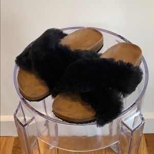 Urban Outfitters Black Fuzzy Cork Sole Slides